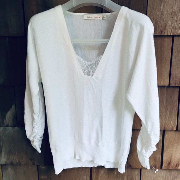 Bishop + Young Anthropologie White Viscose V-Neck Lace Sweater Jumper Top S - Picture 1 of 15